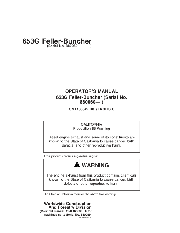 John Deere 653G Tracked Feller Bunchers Operator’s Manuals (OMT185542) Workshop Guide