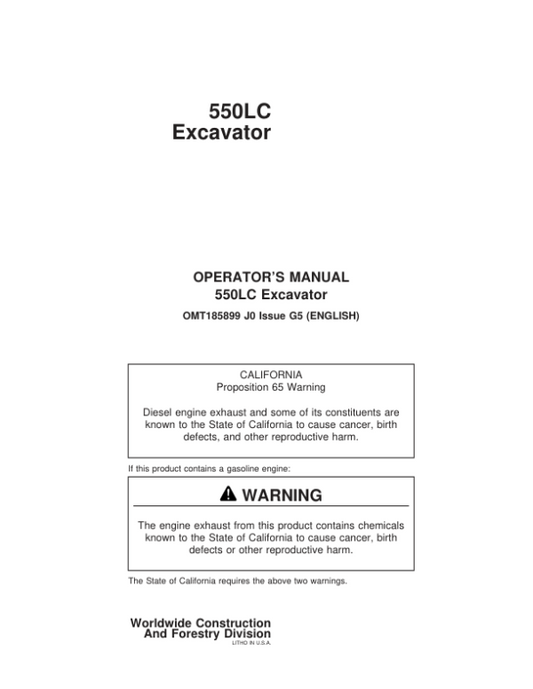 John Deere 550LC Excavators Operator’s Manuals (OMT185899) Workshop Guide