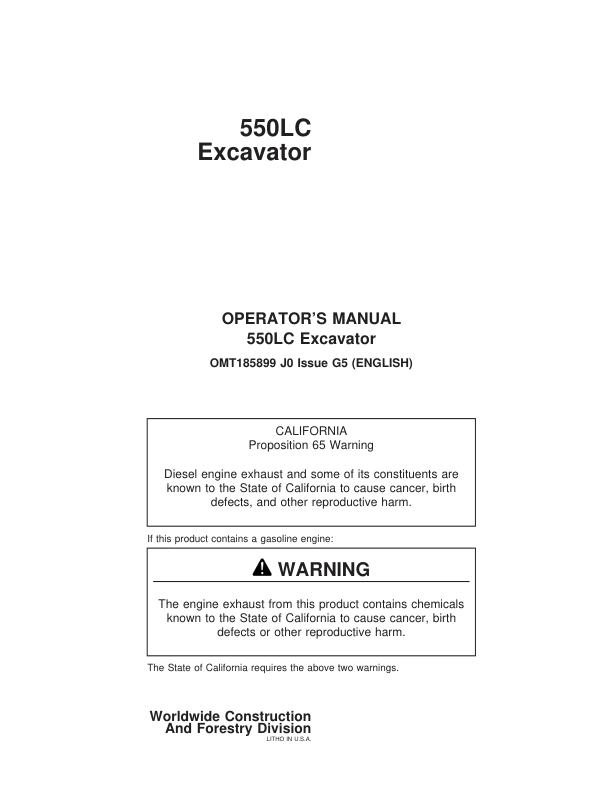 John Deere 550LC Excavators Operator’s Manuals (OMT185899) Workshop Guide