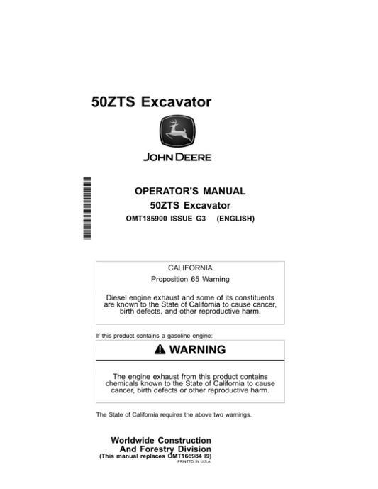 John Deere 50ZTS Excavators Operator’s Manuals (OMT185900) Workshop Guide