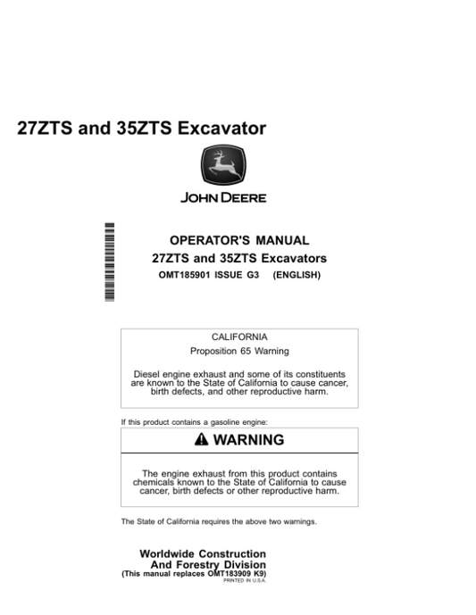 John Deere 27ZTS, 35ZTS Excavators Operator’s Manuals (OMT185901) Workshop Guide
