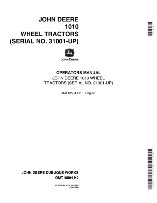John Deere 1010 Wheel Tractors Operator’s Manual (OMT18594) Workshop Guide