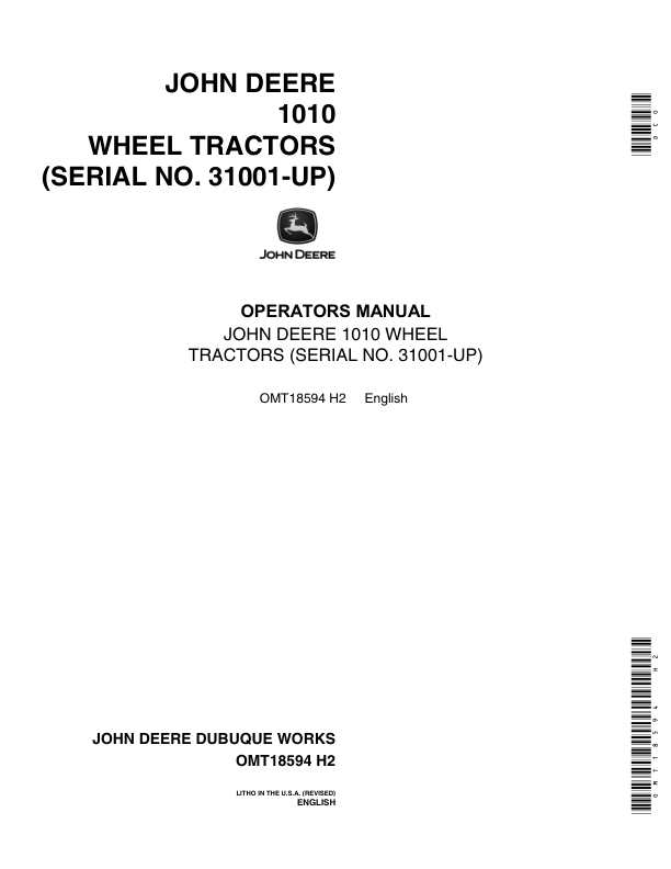 John Deere 1010 Tractors Operator’s Manuals (OMT18594) Workshop Guide