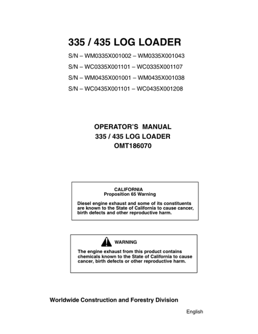 John Deere 335, 435 Knuckleboom Loader Operator’s Manuals (OMT186070) Workshop Guide