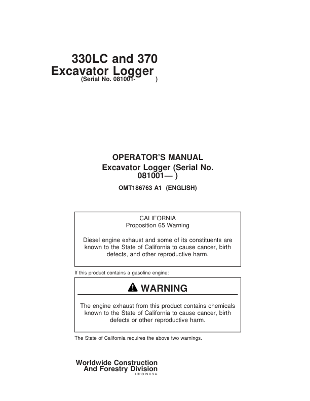 John Deere 330LC, 370 Loggers Operator’s Manuals (OMT186763) Workshop Guide