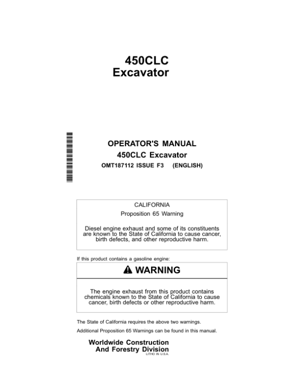 John Deere 450CLC Excavators Operator’s Manuals (OMT187112) Workshop Guide