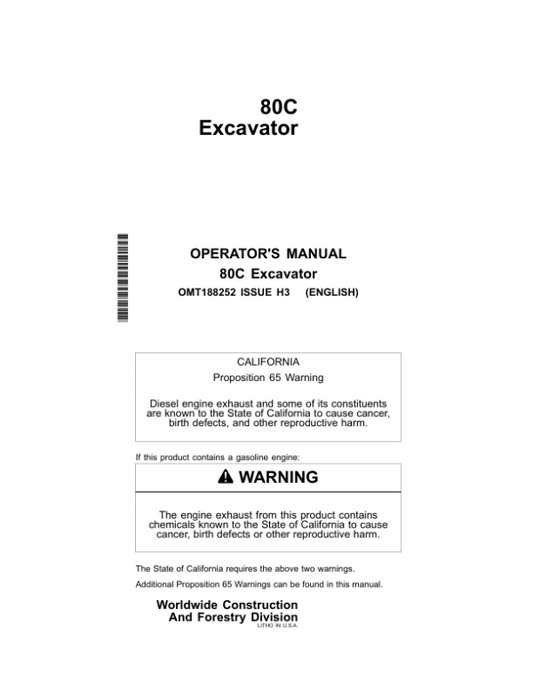 John Deere 80C Excavators Operator’s Manuals (OMT188252) Workshop Guide