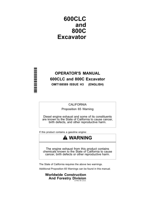 John Deere 600CLC, 800C Excavators Operator’s Manuals (OMT188589) Workshop Guide