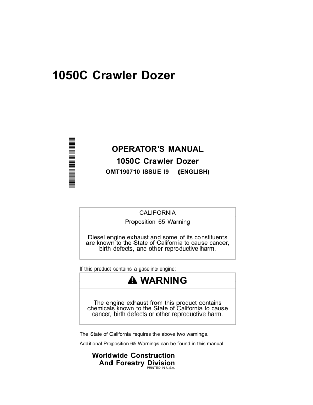 John Deere 1050C Crawler Dozers Operator’s Manuals (OMT190710) Workshop Guide