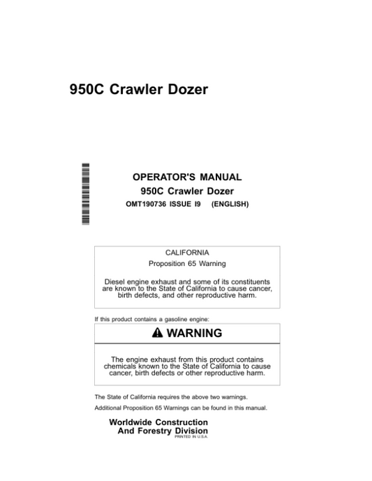 John Deere 950C Crawler Loaders Operator’s Manuals (OMT190736) Workshop Guide
