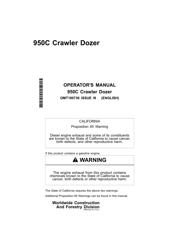 John Deere 950C Crawler Loaders Operator’s Manuals (OMT190736) Workshop Guide