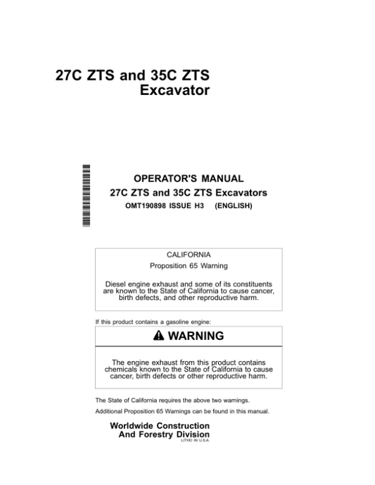 John Deere 27CZTS, 35CZTS Excavators Operator’s Manuals (OMT190898) Workshop Guide