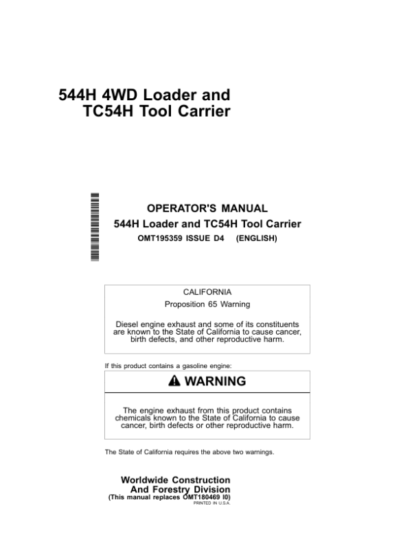 John Deere 544H, TC54H Loaders Operator’s Manuals (OMT195359) Workshop Guide