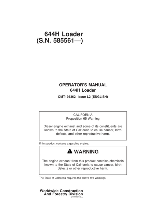 John Deere 644H, 644HMH Loaders Operator’s Manuals (OMT195362) Workshop Guide