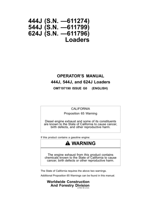 John Deere 444J, 544J, 624J Loaders Operator’s Manuals (OMT197190) Workshop Guide