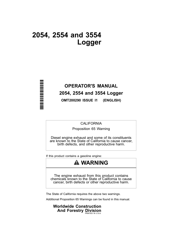 John Deere 2054, 2554, 3554 Loggers Operator’s Manuals (OMT200290) Workshop Guide