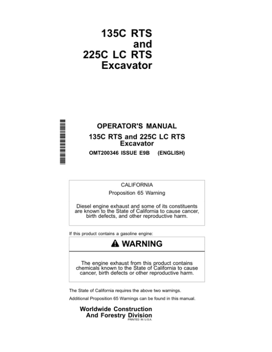 John Deere 135C RTS, 225CLC RTS Excavators Operator’s Manuals (OMT200346) Workshop Guide