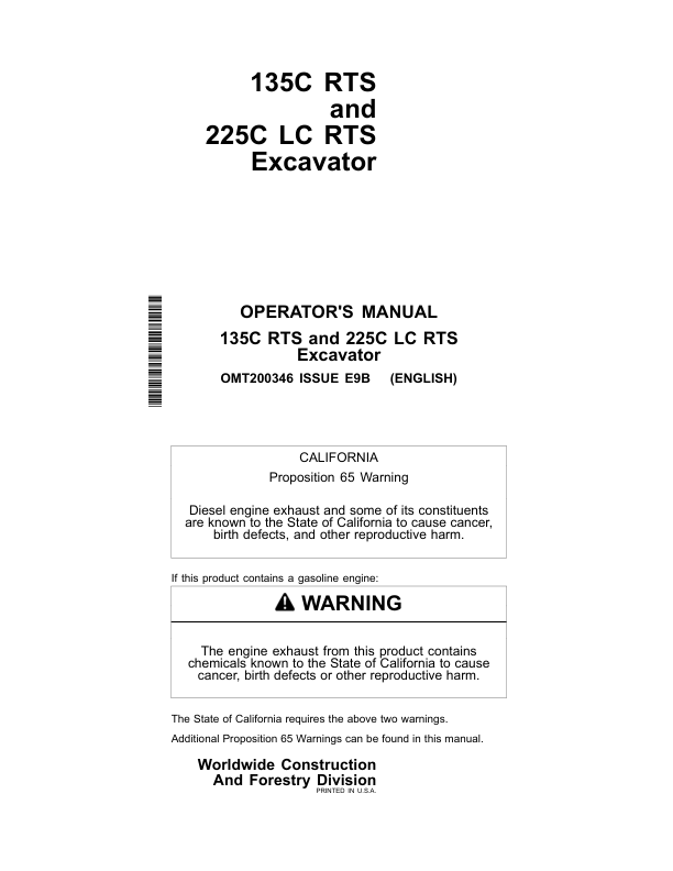 John Deere 135C RTS, 225CLC RTS Excavators Operator’s Manuals (OMT200346) Workshop Guide