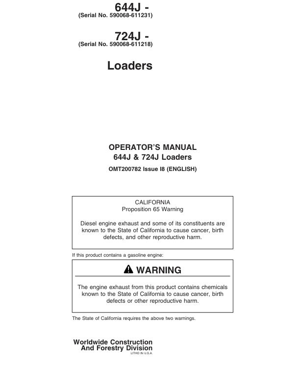 John Deere 644J, 724J Loaders Operator’s Manuals (OMT200782) Workshop Guide