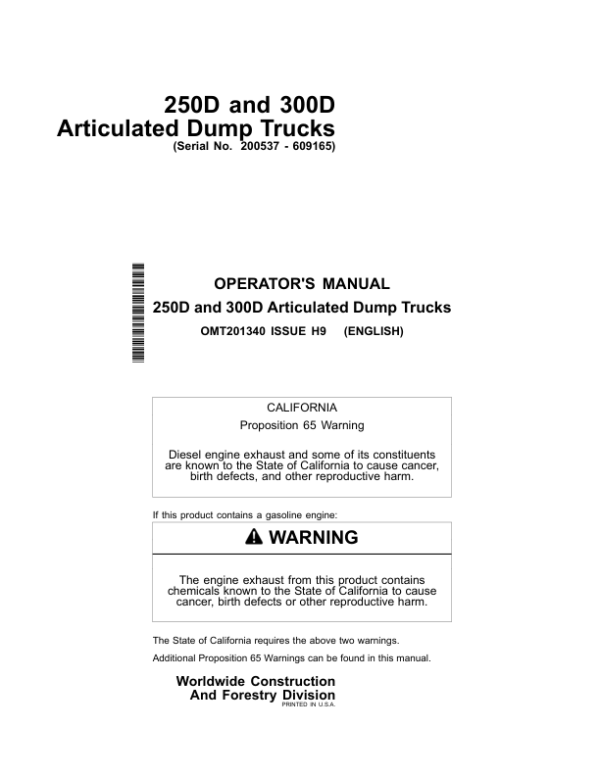 John Deere 250D, 300D Articulated Dump Trucks Operator’s Manuals (OMT201340) Workshop Guide