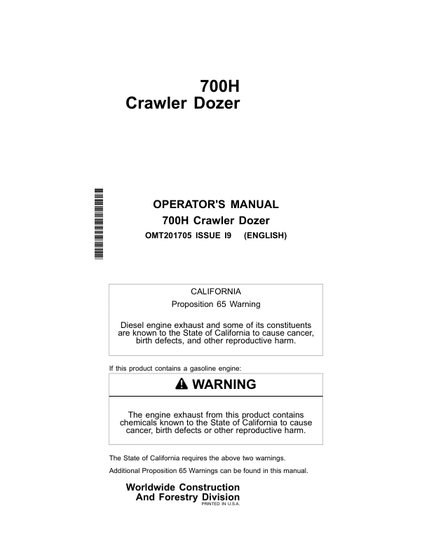 John Deere 700H Crawler Dozers Operator’s Manuals (OMT201705) Workshop Guide