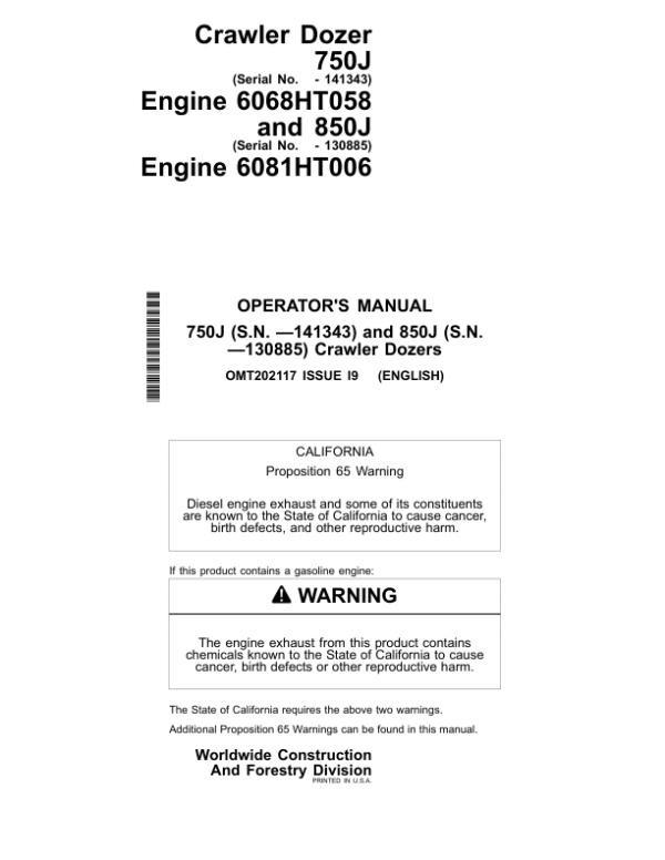 John Deere 750J, 850J Crawler Dozers Operator’s Manuals (OMT202117) Workshop Guide