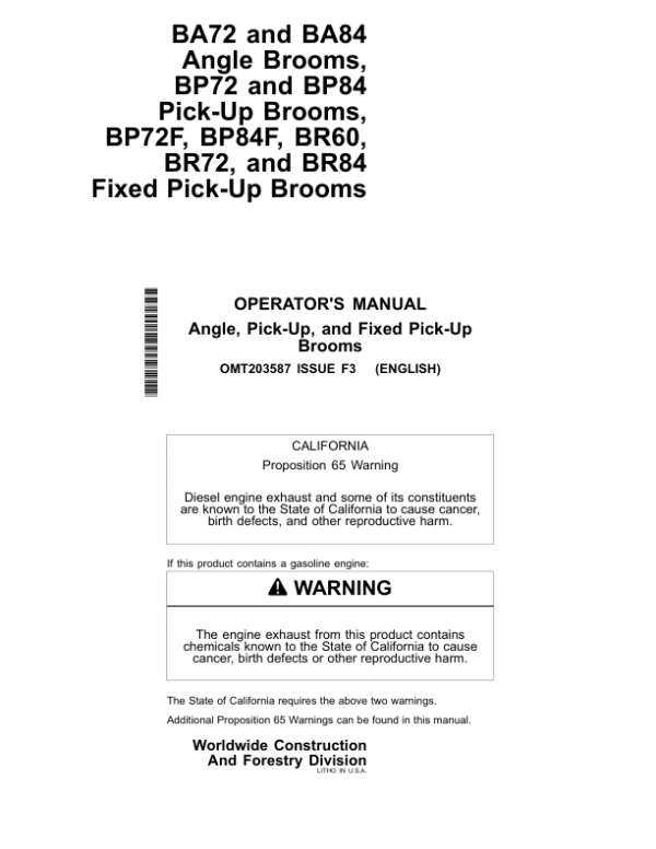 John Deere BA72, BA84, BP72, BP84, BP72F, BP84F, BR72, BR84, BR60 Attachments Operator’s Manuals (OMT203587) Workshop Guide