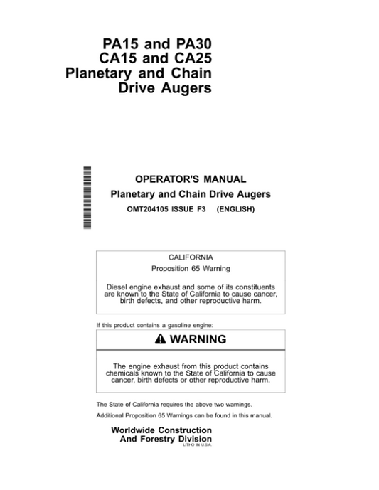 John Deere CA15, CA25, PA15, PA30 Attachments Operator’s Manuals (OMT204105) Workshop Guide