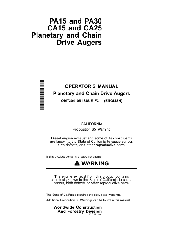 John Deere CA15, CA25, PA15, PA30 Attachments Operator’s Manuals (OMT204105) Workshop Guide