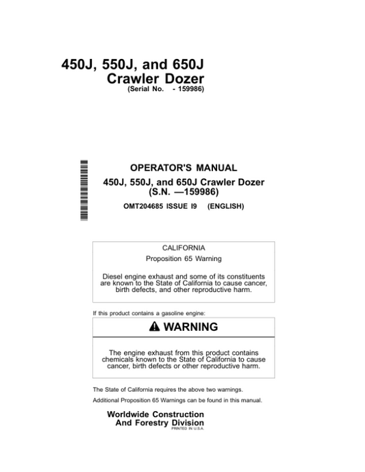 John Deere 450J, 550J, 650J Crawler Dozers Operator’s Manuals (OMT204685) Workshop Guide