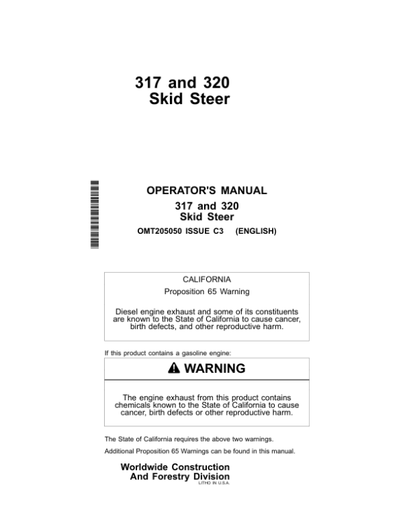 John Deere 317, 320 Skid Steers Operator’s Manuals (OMT205050) Workshop Guide