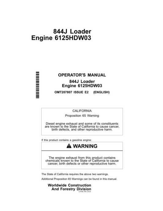John Deere 844J Loaders Operator’s Manuals (OMT207807) Workshop Guide