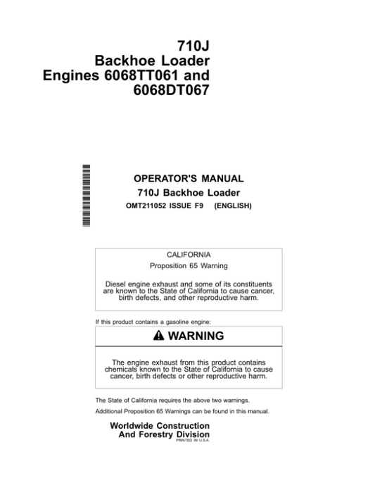 John Deere 710J Backhoe Loaders Operator’s Manuals (OMT211052) Workshop Guide