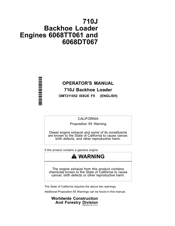 John Deere 710J Backhoe Loaders Operator’s Manuals (OMT211052) Workshop Guide
