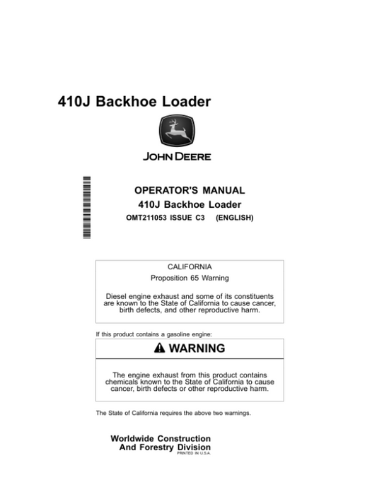 John Deere 410J Backhoe Loaders Operator’s Manuals (OMT211053) Workshop Guide