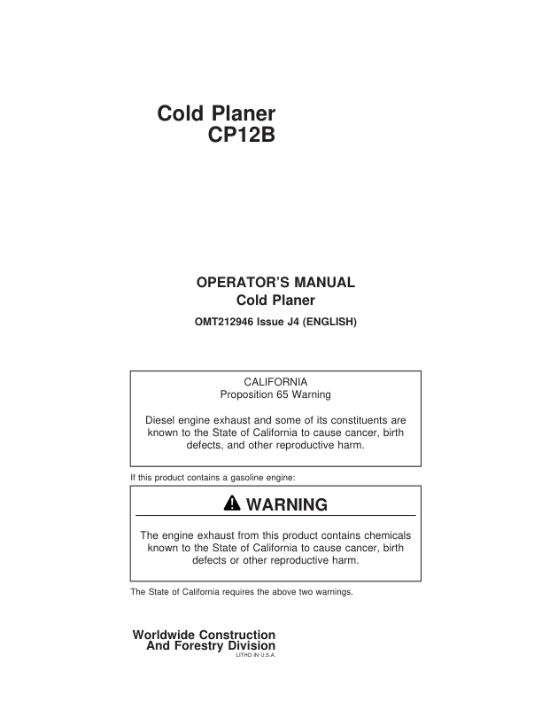 John Deere CP12B Attachments Operator’s Manuals (OMT212946) Workshop Guide