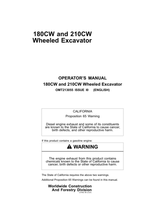 John Deere 180CW, 210CW Excavators Operator’s Manuals (OMT213055) Workshop Guide