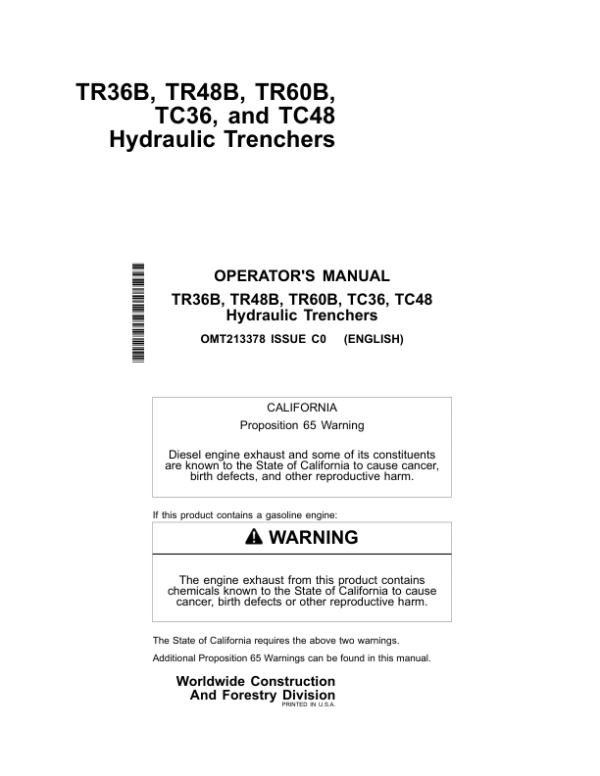John Deere TR36B, TR48B, TR60B, TC36, TC48 Worksite Pro Attachments Operator’s Manuals (OMT213378) Workshop Guide