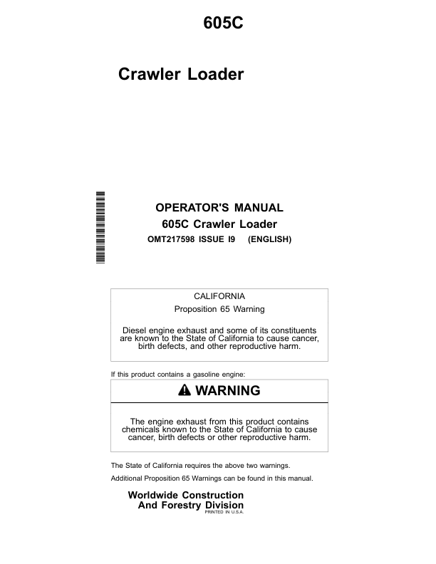 John Deere 605C Crawler Loaders Operator’s Manuals (OMT217598) Workshop Guide