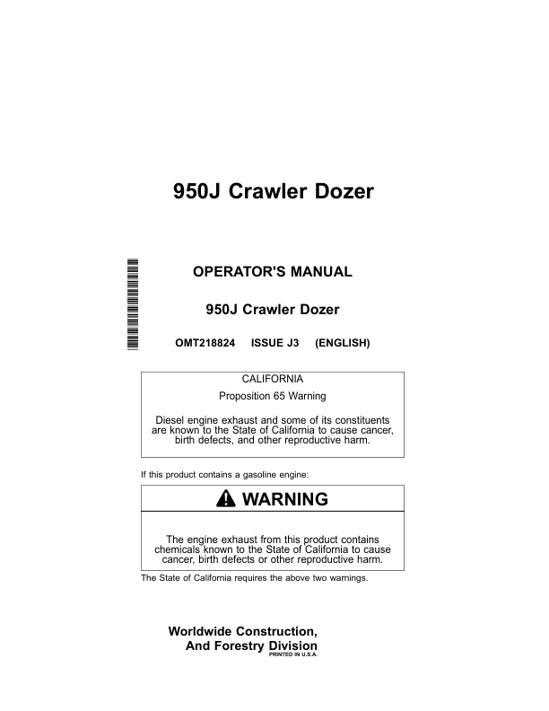 John Deere 950J Crawler Dozers Operator’s Manuals (OMT218824) Workshop Guide