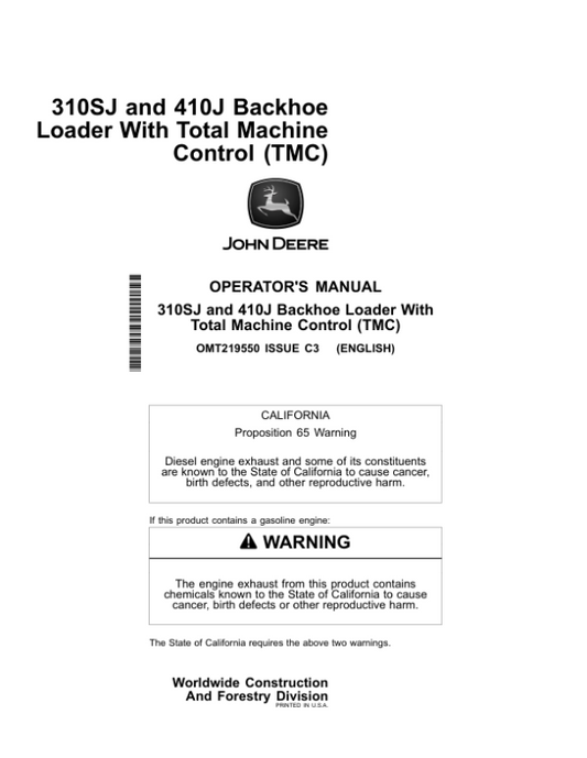 John Deere 310SJ, 410J Backhoe Loaders Operator’s Manuals (OMT219550) Workshop Guide