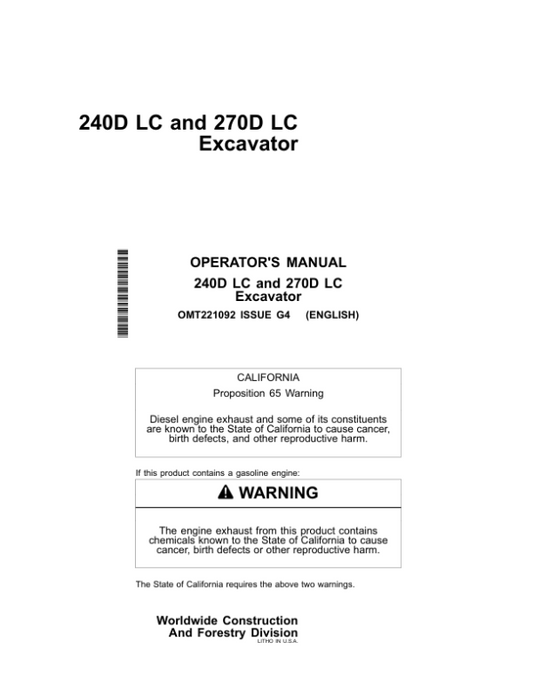 John Deere 240DLC Excavators Operator’s Manuals (OMT221092) Workshop Guide