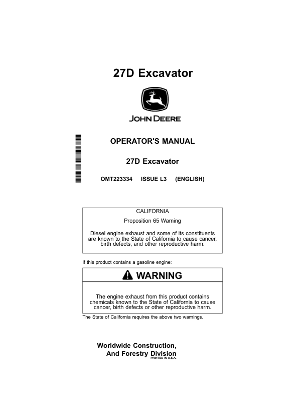 John Deere 27D Excavators Operator’s Manuals (OMT223334) Workshop Guide