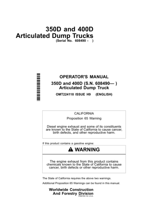 John Deere 350D, 400D Articulated Dump Trucks Operator’s Manuals (OMT224118) Workshop Guide