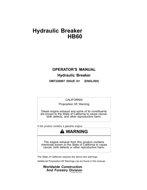 John Deere HB60, HB85 Hydraulic Breakers Operator’s Manuals (OMT226807) Workshop Guide