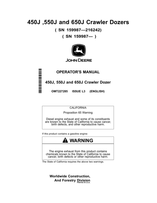 John Deere 450J, 550J, 650J Crawler Dozers Operator’s Manuals (OMT227285) Workshop Guide