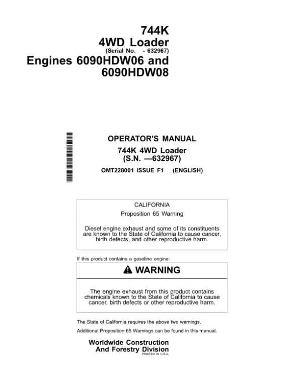 John Deere 744K Loaders Operator’s Manuals (OMT228001) Workshop Guide