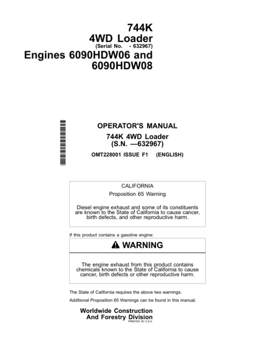 John Deere 744K Loaders Operator’s Manuals (OMT228001) Workshop Guide