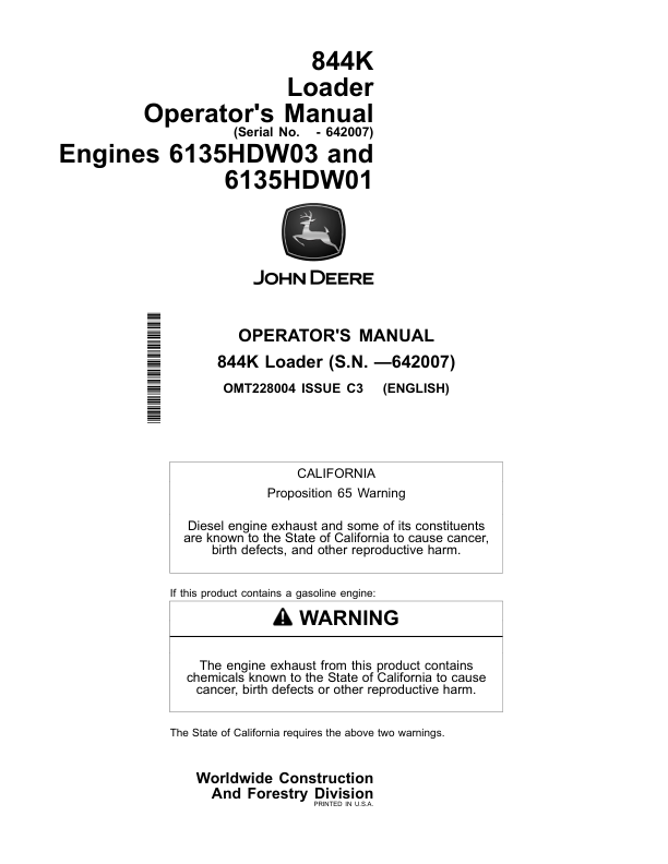 John Deere 844K Loaders Operator’s Manuals (OMT228004) Workshop Guide