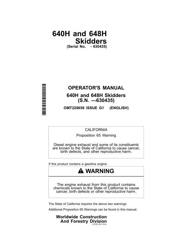 John Deere 640H, 648H Skidders Operator’s Manuals (OMT228656) Workshop Guide